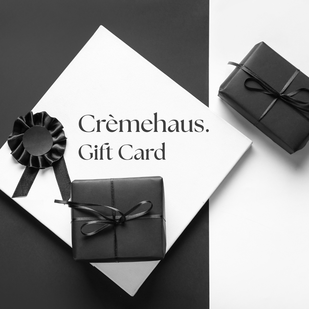 Crèmehaus digital gift card presented in elegant black and white packaging, offering a premium way to gift Dubai-inspired chocolate bars and indulgent crunch crème jars.